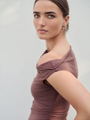 Brown Aysmmetric Shoulder Sleevless Top - Image 4 of 7