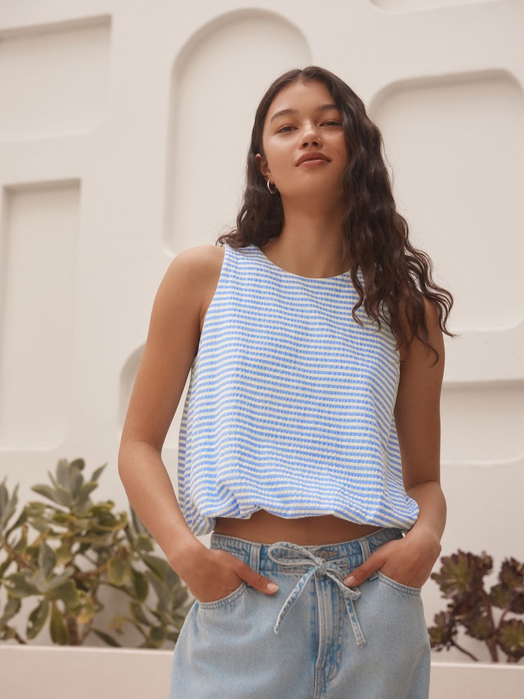 Blue/White Stripe 100% Cotton Sleeveless Bubble Hem Top - Image 1 of 9