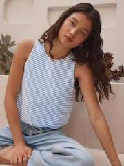 Blue/White Stripe 100% Cotton Sleeveless Bubble Hem Top - Image 3 of 9