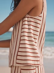 Red/Ecru Towelling Striped Tank 100% Cotton Top - Image 5 of 8