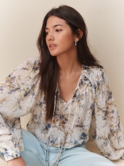 Blue/Yellow Floral Print Sheer Tie Neck Long Sleeve Blouse - Image 1 of 5