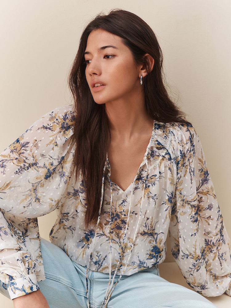 Blue/Yellow Floral Print Sheer Tie Neck Long Sleeve Blouse - Image 1 of 5