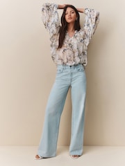 Blue/Yellow Floral Print Sheer Tie Neck Long Sleeve Blouse - Image 2 of 5