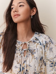 Blue/Yellow Floral Print Sheer Tie Neck Long Sleeve Blouse - Image 4 of 5
