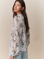 Blue/Yellow Floral Print Sheer Tie Neck Long Sleeve Blouse - Image 5 of 5