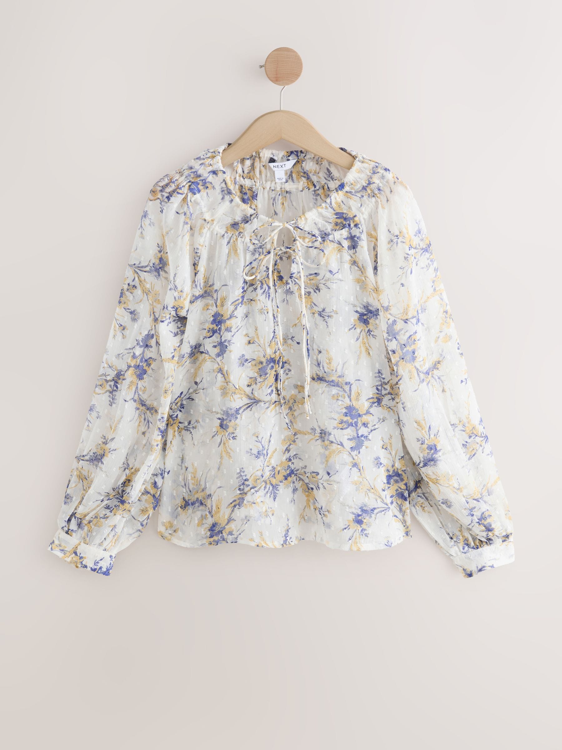 Buy Blue/Yellow Floral Print Sheer Tie Neck Long Sleeve Blouse