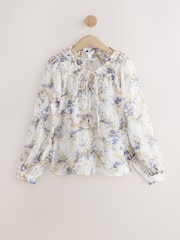 Blue/Yellow Floral Print Sheer Tie Neck Long Sleeve Blouse - Image 6 of 8