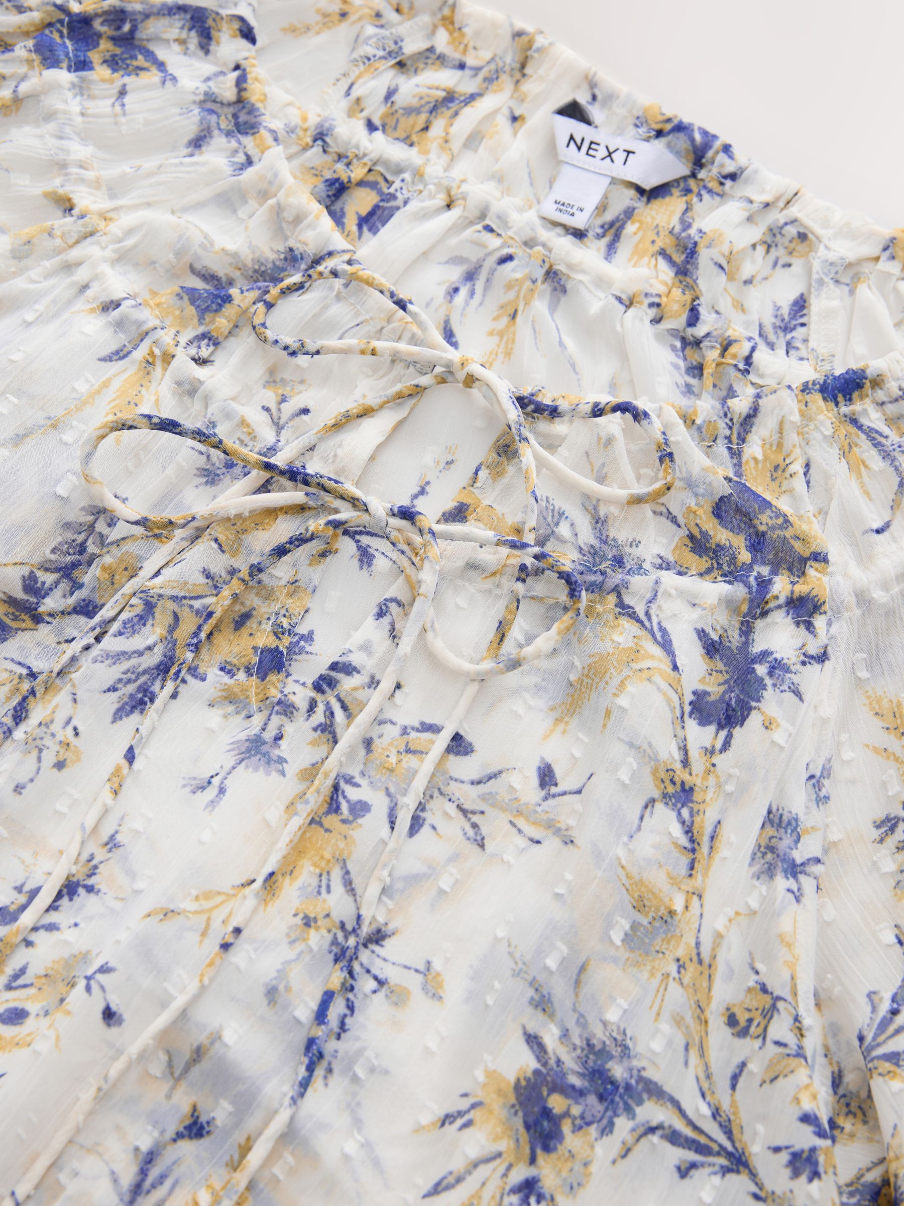 Buy Blue/Yellow Floral Print Sheer Tie Neck Long Sleeve Blouse