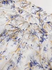 Blue/Yellow Floral Print Sheer Tie Neck Long Sleeve Blouse - Image 7 of 8