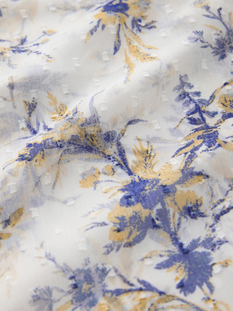 Blue/Yellow Floral Print Sheer Tie Neck Long Sleeve Blouse - Image 8 of 8