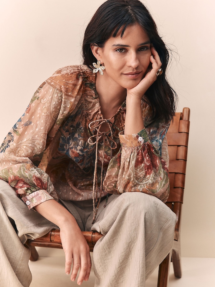 Peach Floral Sheer Tie Neck Long Sleeve Blouse - Image 1 of 5