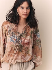 Peach Floral Sheer Tie Neck Long Sleeve Blouse - Image 3 of 5