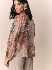 Peach Floral Sheer Tie Neck Long Sleeve Blouse - Image 4 of 5