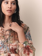 Peach Floral Sheer Tie Neck Long Sleeve Blouse - Image 5 of 5