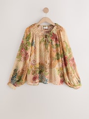 Peach Floral Print Sheer Tie Neck Long Sleeve Blouse - Image 6 of 8