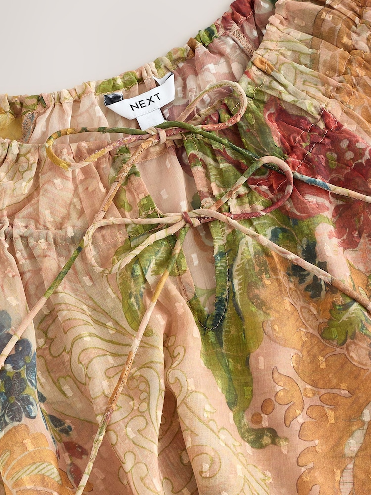 Peach Floral Print Sheer Tie Neck Long Sleeve Blouse - Image 8 of 8