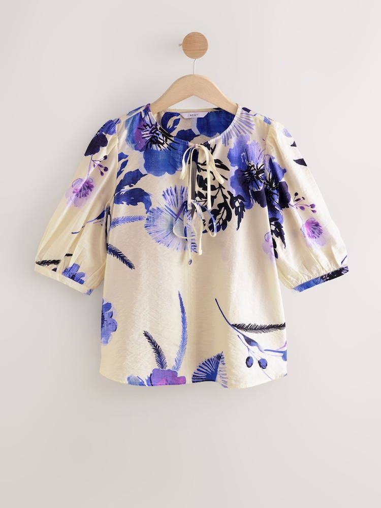 White/Blue Floral Leaf Print - Tie Front 3/4 Sleeve Blouse - Imagen 1 de 3