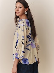 Weiß/Blau, floraler Print mit Blattmotiv - Tie Front 3/4 Sleeve Blouse - Bild 4 von 8