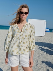 Yellow/White Check Floral Print - Tie Front 3/4 Sleeve Blouse - Imagen 1 de 7