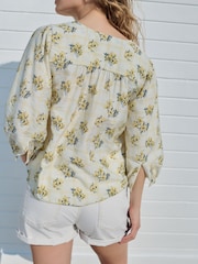 Yellow/White Check Floral Print - Tie Front 3/4 Sleeve Blouse - Imagen 3 de 7