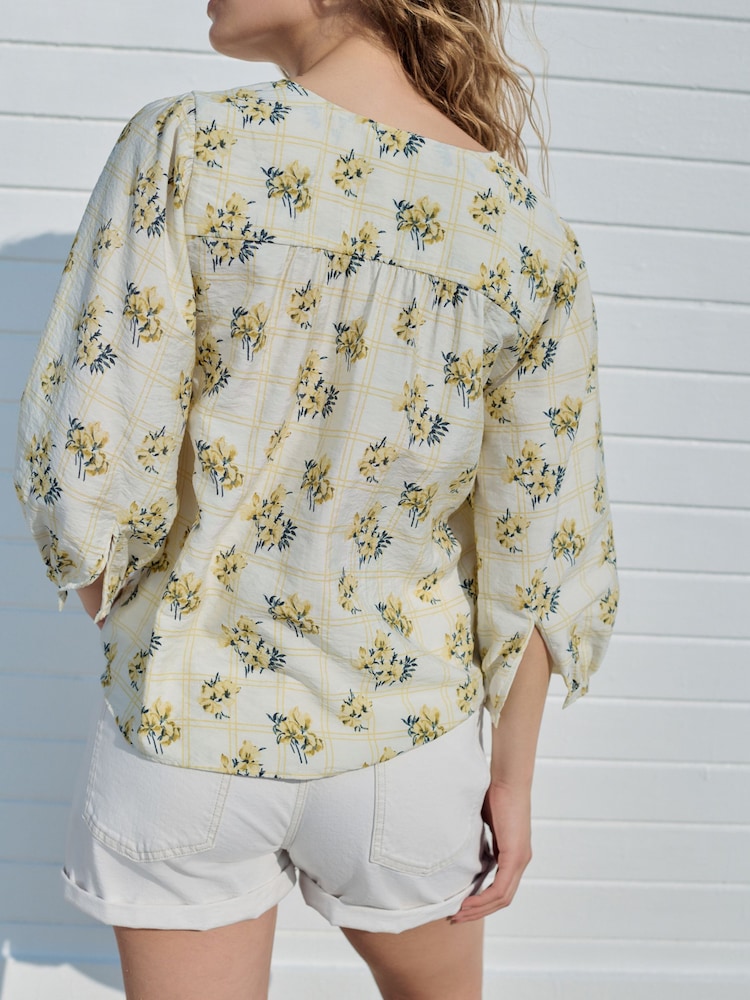Yellow/White Check Floral Print Tie Front 3/4 Sleeve Blouse - Image 3 of 7