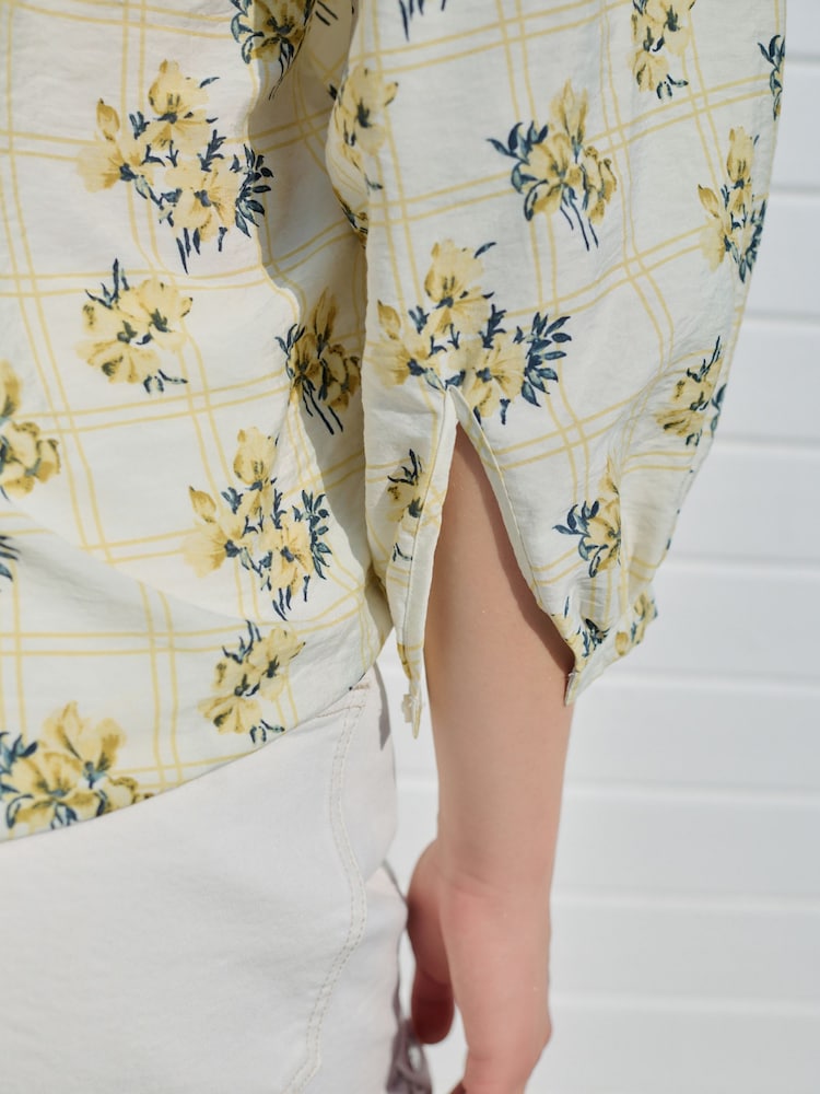 Yellow/White Check Floral Print Tie Front 3/4 Sleeve Blouse - Image 4 of 7