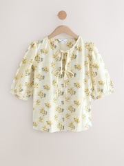 Yellow/White Check Floral Print - Tie Front 3/4 Sleeve Blouse - Imagen 5 de 7