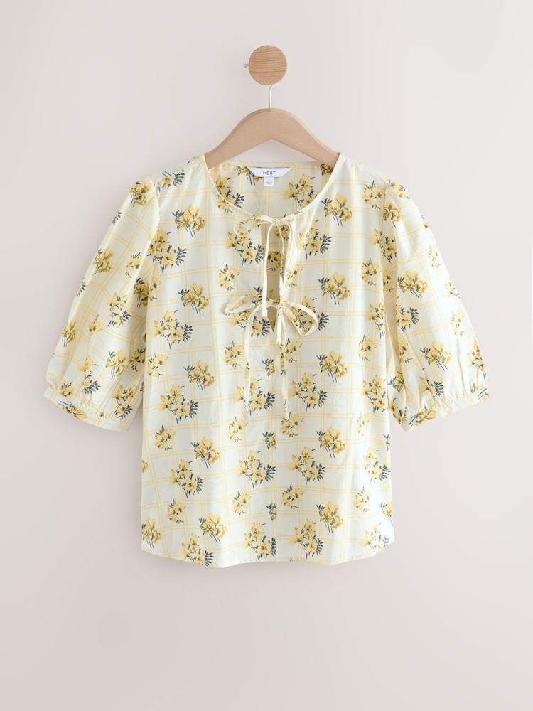 Yellow/White Check Floral Print Tie Front 3/4 Sleeve Blouse - Image 5 of 7