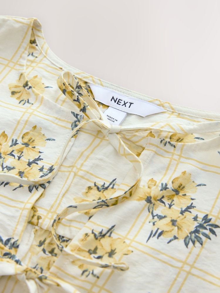 Yellow/White Check Floral Print - Tie Front 3/4 Sleeve Blouse - Imagen 7 de 7