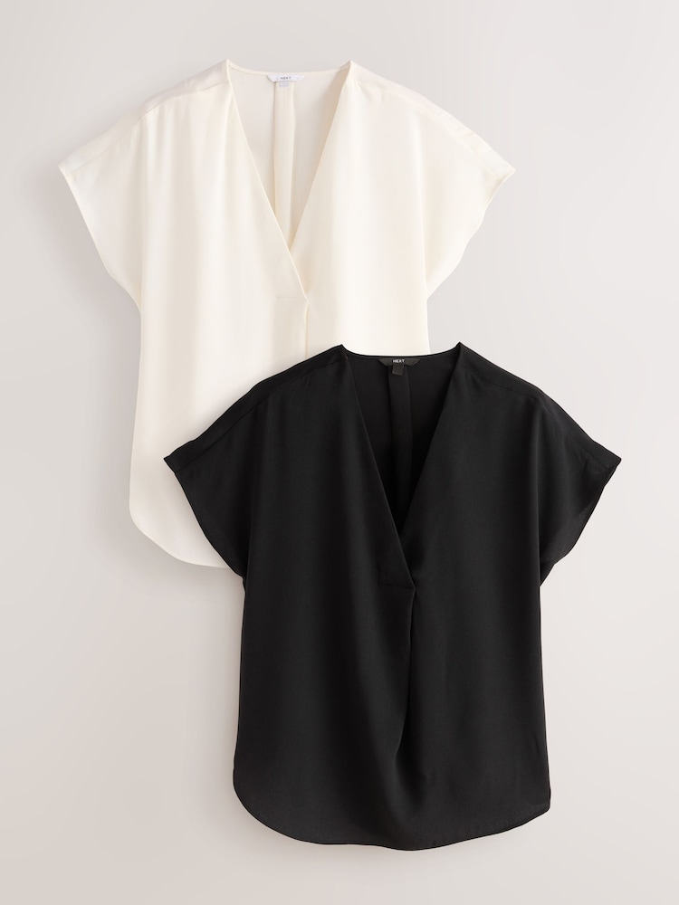 Black and Ecru Relaxed Fit Short Sleeve Overhead V-Neck Blouses 2 Pack - Image 1 of 5 Black and Ecru Relaxed Fit Short Sleeve Overhead V-Neck Blouses 2 Pack - Image 1 of 5