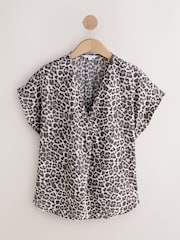 Solid Black and Animal Print Relaxed Fit Short Sleeve Overhead V-Neck Blouses 2 Pack - Image 2 of 5