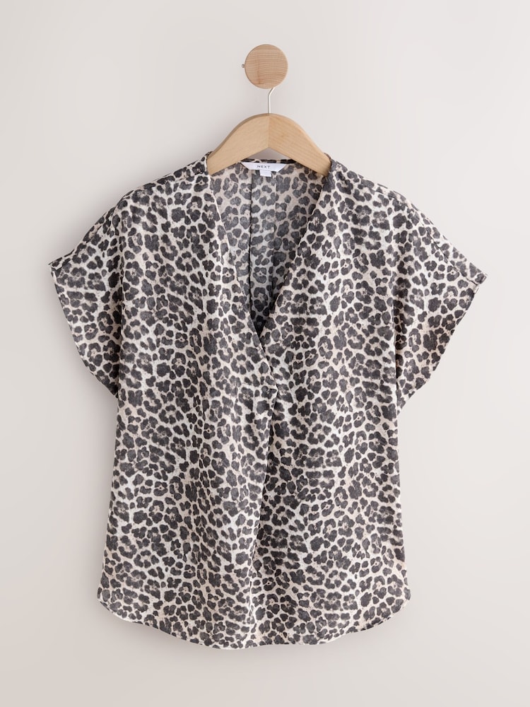 Solid Black and Animal Print Relaxed Fit Short Sleeve Overhead V-Neck Blouses 2 Pack - Image 2 of 5