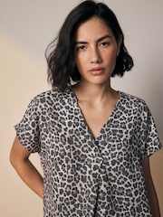 Solid Black and Animal Print Relaxed Fit Short Sleeve Overhead V-Neck Blouses 2 Pack - Image 6 of 11