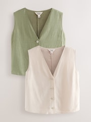 Khaki/Cream Button Down Sleeveless Waistcoats 2 Pack With Linen - Image 1 of 6