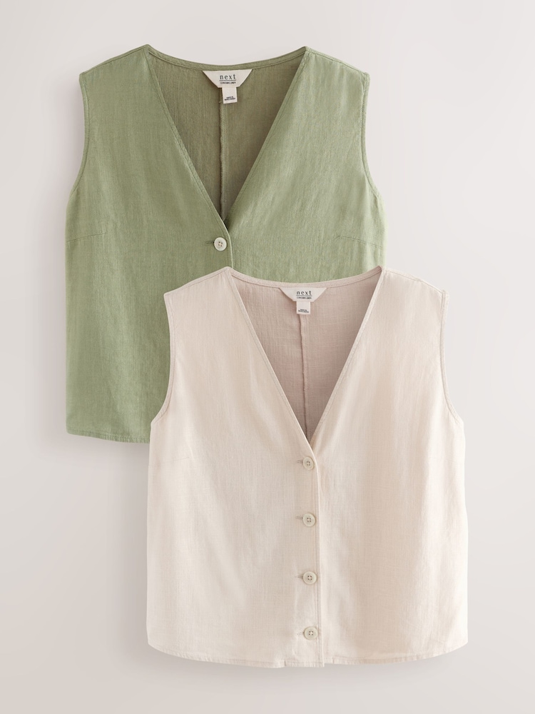 Khaki/Cream Button Down Sleeveless Waistcoats 2 Pack With Linen - Image 1 of 6