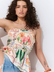 Multicoloured Postcard Print Shirred Peplum Bandeau Boobtube With Linen - Image 1 of 8