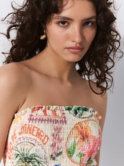 Multicoloured Postcard Print Shirred Peplum Bandeau Boobtube With Linen - Image 5 of 8