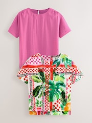 Solid Pink and Multicoloured Fruit Print Textured Fabric Boxy T-Shirts 2 Pack - Image 1 of 6
