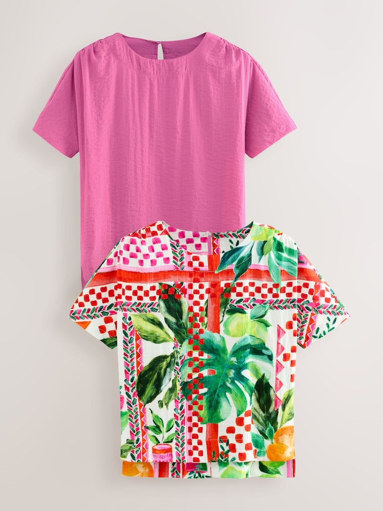 Solid Pink and Multicoloured Fruit Print Textured Fabric Boxy T-Shirts 2 Pack - Image 1 of 12 Solid Pink and Multicoloured Fruit Print Textured Fabric Boxy T-Shirts 2 Pack - Image 1 of 12