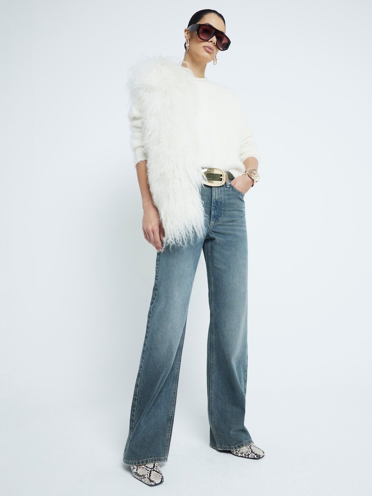 River Island Washed Blue High Rise Relaxed Straight Leg 100% Cotton Jeans - Image 1 of 6
