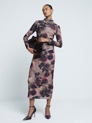 River Island Brown Floral Ruched Mesh Top - Image 1 of 6