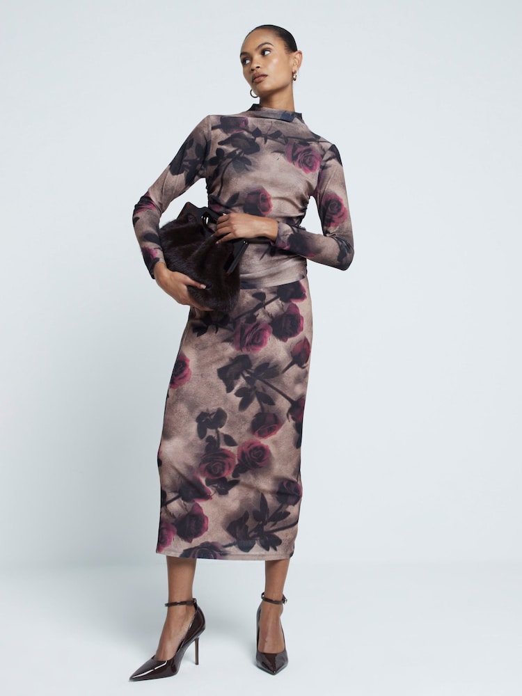 River Island Brown Floral Ruched Mesh Top - Image 1 of 6