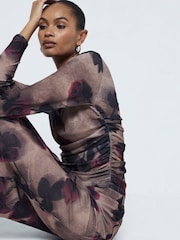 River Island Brown Floral Ruched Mesh Top - Image 2 of 6