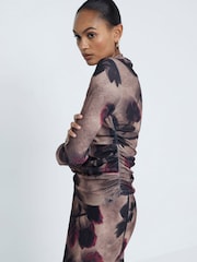 River Island Brown Floral Ruched Mesh Top - Image 3 of 6