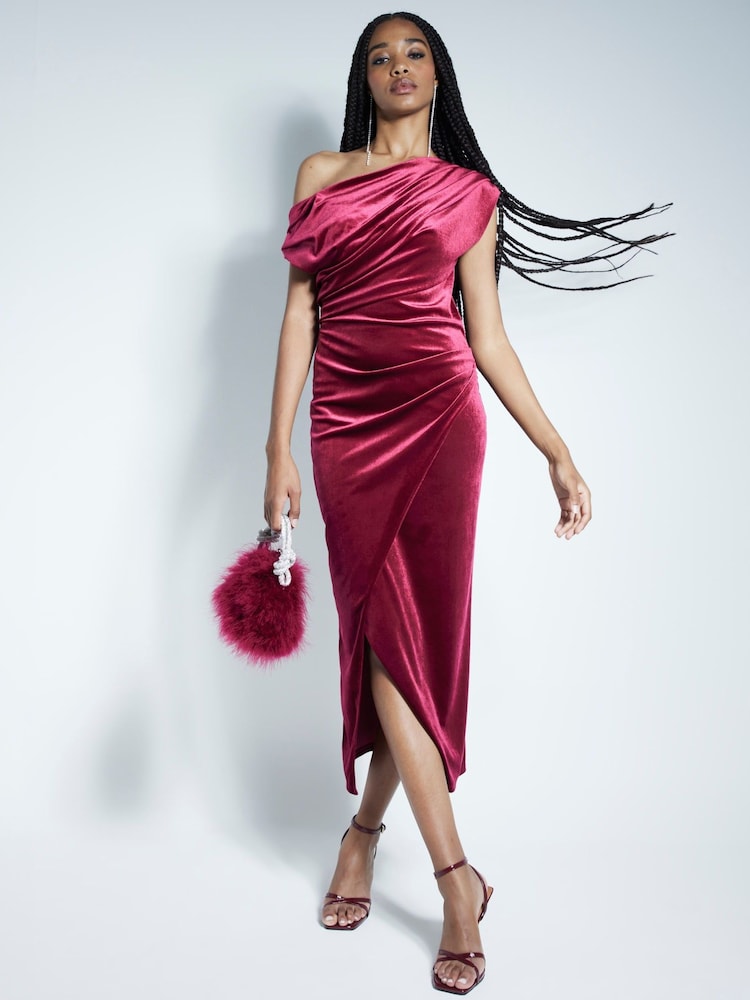 River Island Red Velvet Drape Midi Dress - Image 1 of 6