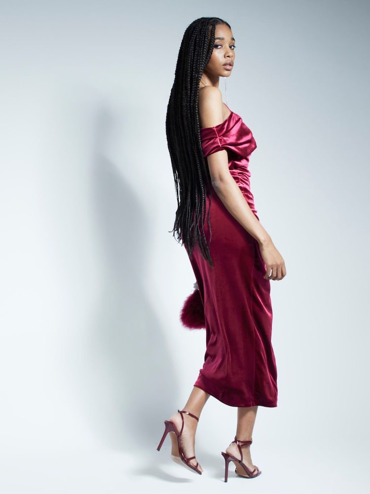 River Island Red Velvet Drape Midi Dress - Image 2 of 6