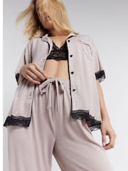 River Island Pink Lace Trim Shirt and Trousers Pyjamas Set - Image 4 of 7