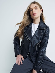 River Island Black Core Leather Biker Jacket - Image 1 of 6