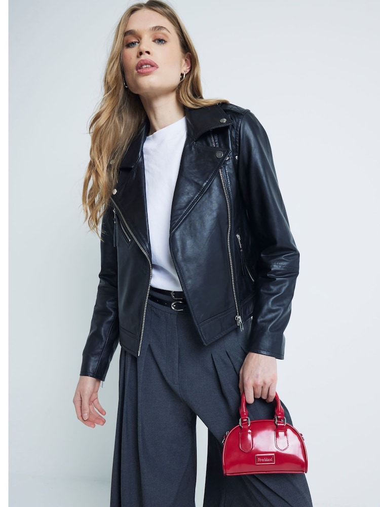 River Island Black Core Leather Biker Jacket - Image 2 of 6