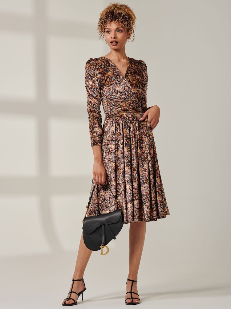 Jolie Moi Black Long Sleeve Floral Velevet Midi Dress - Image 1 of 6